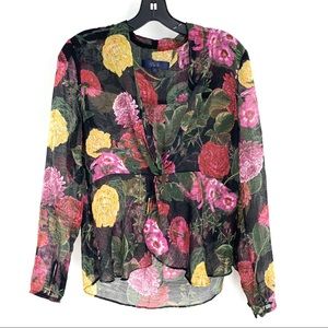 Rachel Roy VNeck Tie Front Floral Sheer Blouse Top